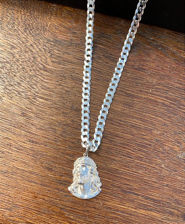 corrente grume 5mm e pingente face de cristo/ prata 925