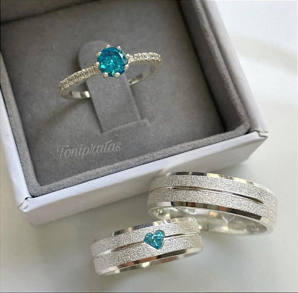 Alianças Coração blue e anel cinderela blue