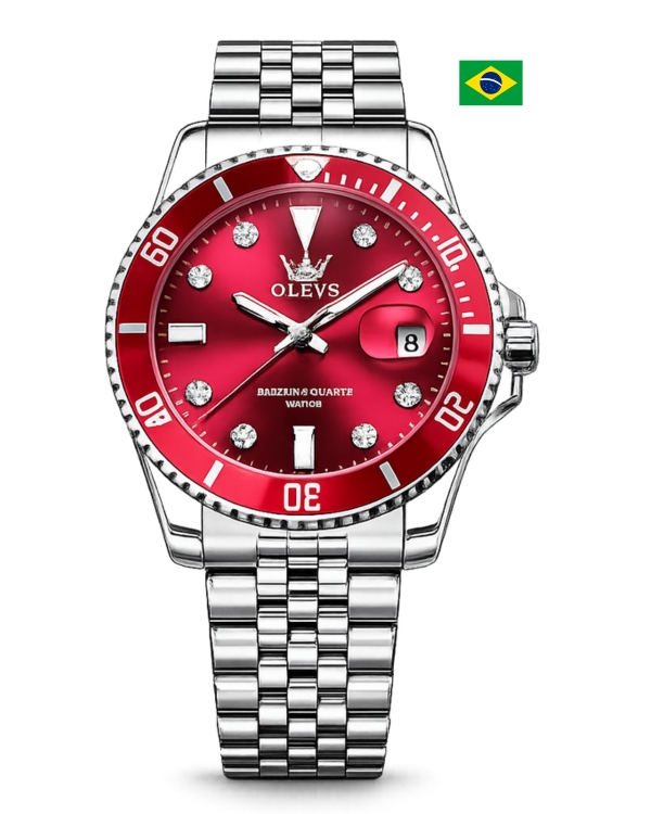 Relógio OLEVS Luxo Vermelho Submariner Aço Inox Premium