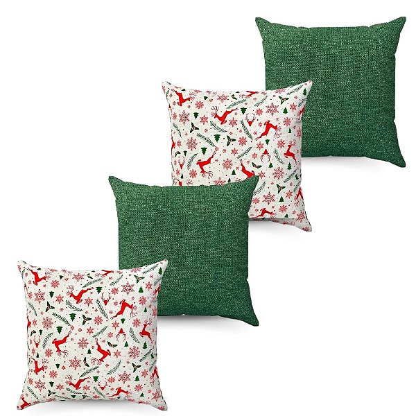 Kit 4 Capas De Almofada Natal Linho Rustico - Verde + Renas
