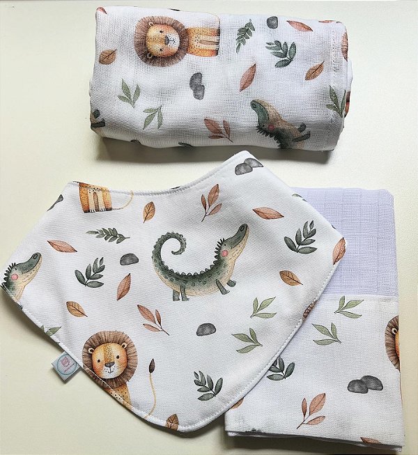Kit trio (babador bandana + fralda grande + fraldinha peq.)