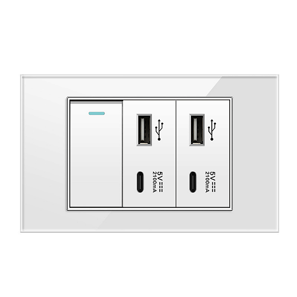 Interruptor com Entrada Dupla USB e Tipo C Acabamento Premium Vidro Temperado 4x2