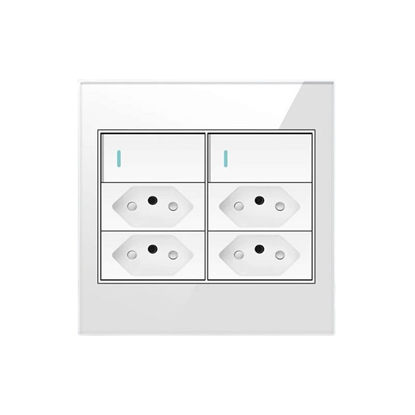 Interruptor 2 Teclas com 4 Tomadas Acabamento Premium Vidro Temperado 4x4