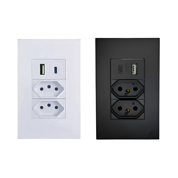 Tomada Dupla + USB + USB Tipo C Acabamento Premium Compatível com IPhone 15 16+