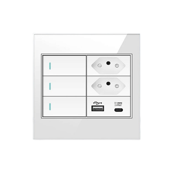 Interruptor 3 Teclas com 2 Tomadas e USB-C Acabamento Premium Vidro 4x4