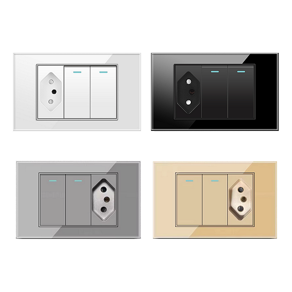 Interruptor 2 Teclas com Tomada Acabamento Premium Vidro Temperado 4x2