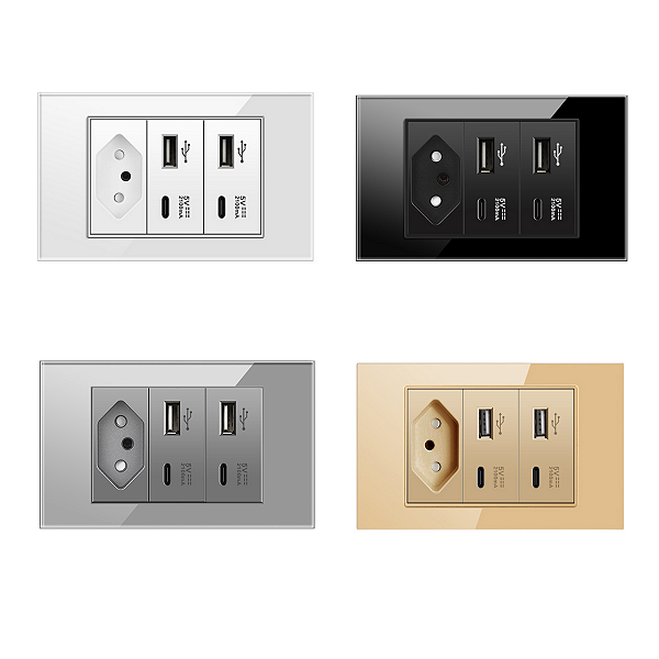 Tomada Simples com USB e Tipo C Acabamento Premium Painel de Vidro 4x2