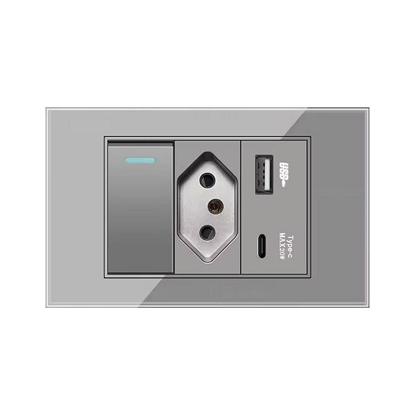 Tomada e Interruptor Painel de Vidro Acapabamento Premium com Portas Usb E Tipo C Carregamento Turbo iPhone 15 16 17