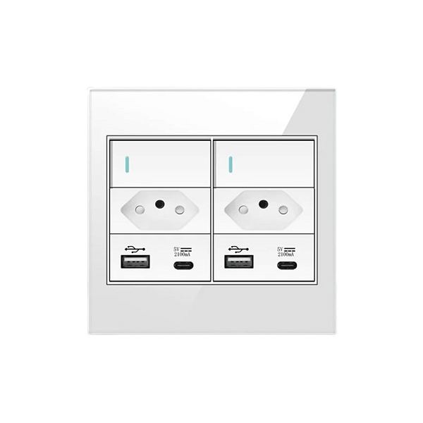 Interruptor 2 Teclas 2 Tomadas E 2 Usb-c Painel De Vidro 4x4