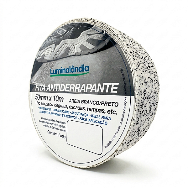 Fita Antiderrapante 10 Metros Areia Granitina Piso Claro Escada Rampa 50mm Areia Branca e Preta