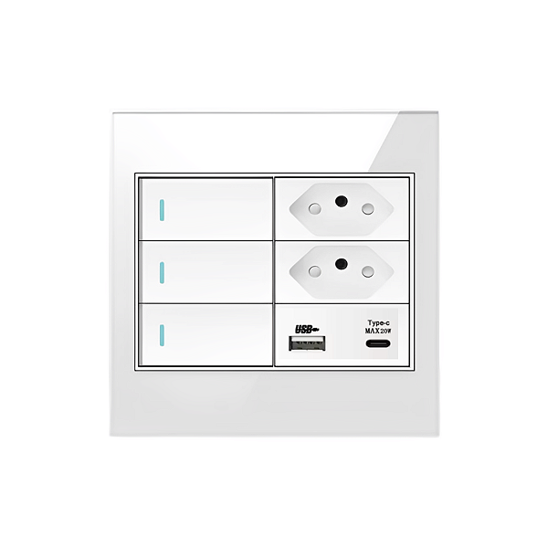 Interruptor 3 Teclas com 2 Tomadas e USB-C Turbo Painel de Vidro 4x4
