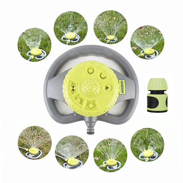 Irrigador Aspersor Giratório 8 Modos Jatos Luminolândia Gramado Jardim Rega Conector Engate Rápido