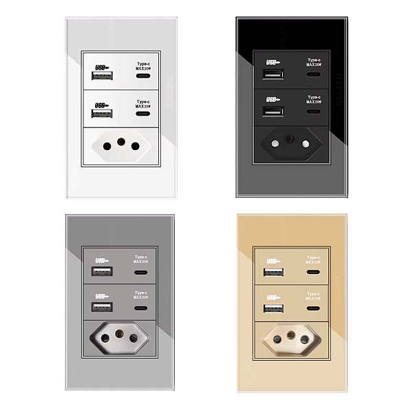 Tomada Simples com 2 USB e Tipo C Turbo Painel De Vidro 4x2