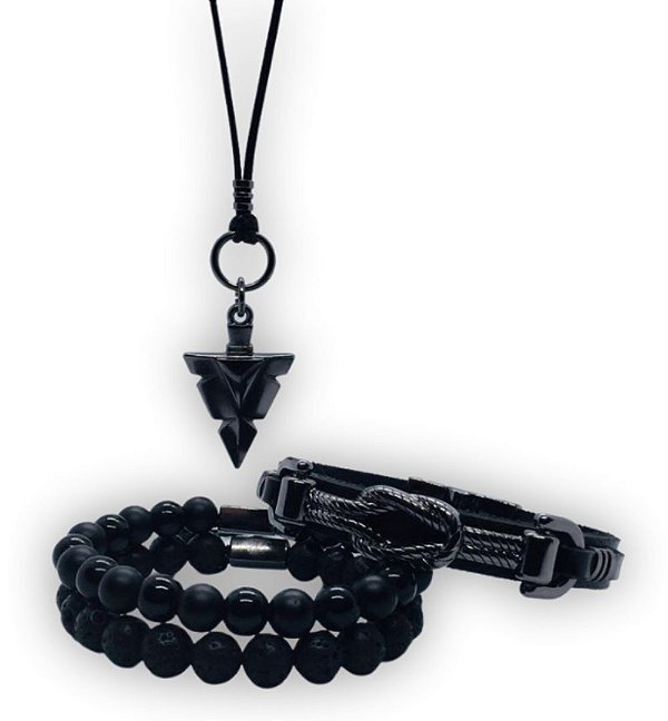 Combo premium couro, pedras naturais + colar - 4pçs