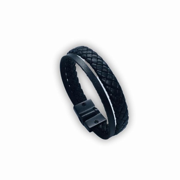 Pulseira em couro transado - couro preto largo