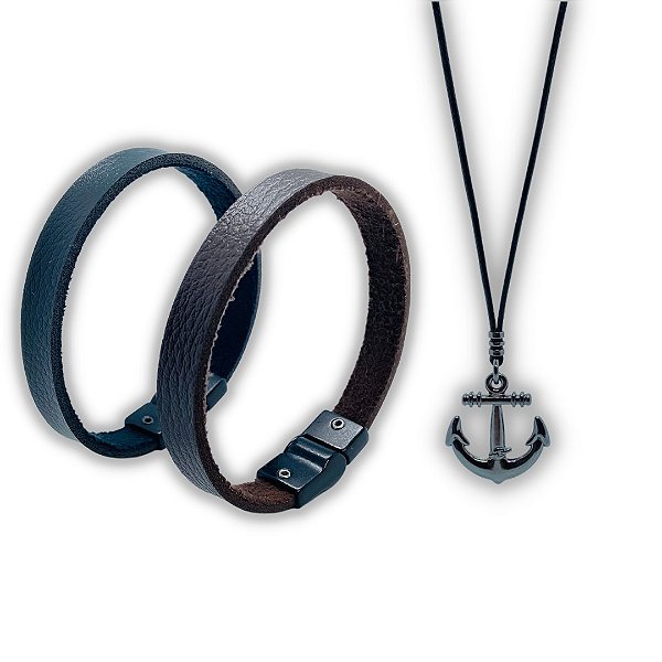 Combo 2pçs - Couro preto e marrom terra + colar GRÁTIS