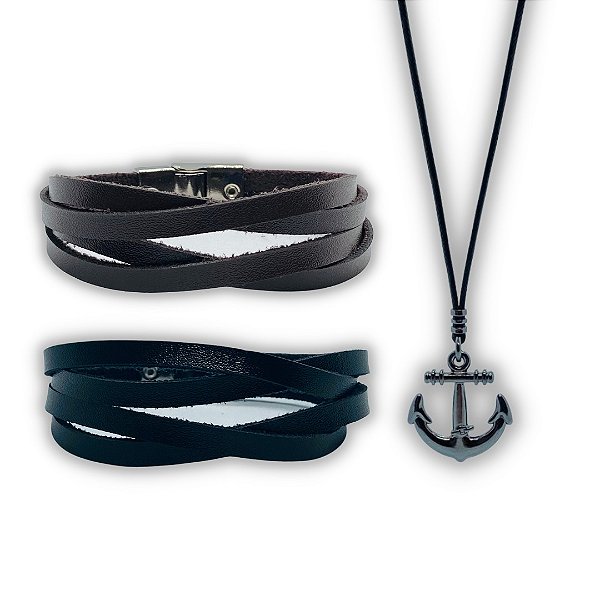 Combo 3pçs - Pulseira  em couro preto e marrom terra tiras + Colar