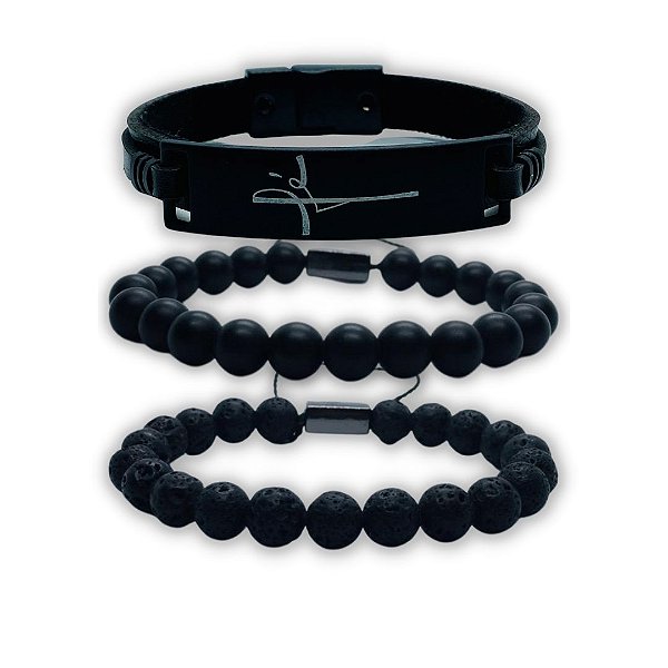Combo pulseira em couro fé + Pedras naturais blacks