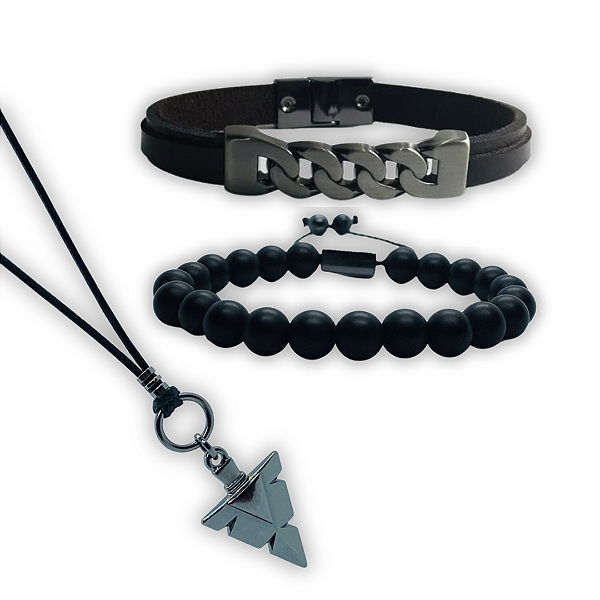 Combo em pulseiras couro premium - pedras naturais e cordão flecha