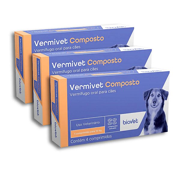 Kit 3 Caixas Vermífugo Vermivet Composto - 4 Comprimidos 600mg Cada - Biovet