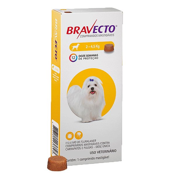 Bravecto 2 a 4,5kg Tratamento Antipulgas e Carrapatos Tablete Mastigável 112,5mg Para Cães MSD Saúde Animal