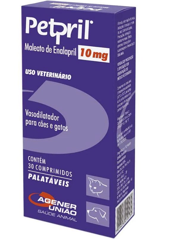 Petpril 10mg Maleato de Enalapril Vasodilatador Para Cães e Gatos 30 Comprimidos Agener União