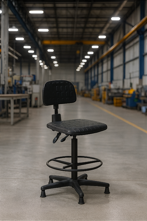 Cadeira Secretária Caixa Industrial Ergonomica Sapatas em PU Giratória Aro Poliuretano