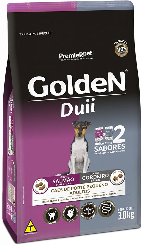 Ração Seca Golden Fórmula Duii Cães Adultos Porte Pequeno sabor Salmão com Ervas e Cordeiro e Arroz 3kg