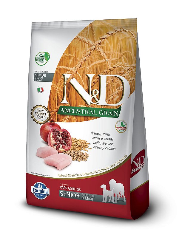 Ração Seca N&D Ancestral Sênior Medium e Maxi sabor Frango, Romã, Aveia e Cevada