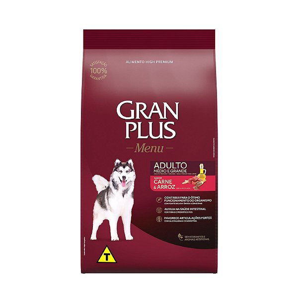Ração Seca Gran Plus Menu Cães Adultos Porte Médio e Grande sabor Carne e Arroz