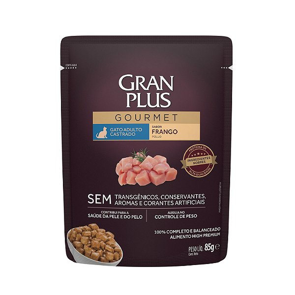 Alimento Úmido Sachê Gran Plus Gourmet para Gato Castrado Sabor Frango 85g