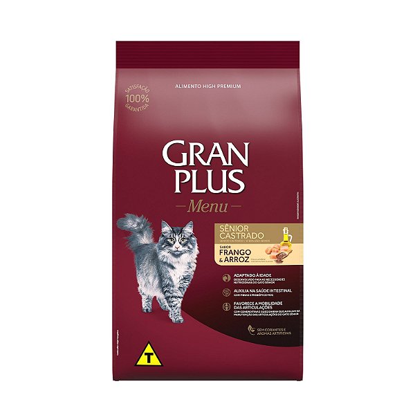 Ração Seca Gran Plus Menu Gatos Castrados Sênior sabor Frango e Arroz