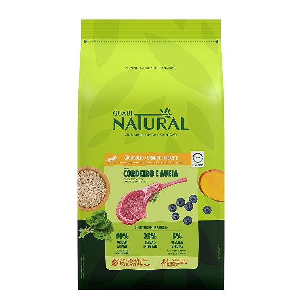 Ração Seca Guabi Natural Cães Adultos Raças Grande e Gigantes sabor Cordeiro e Aveia 12kg