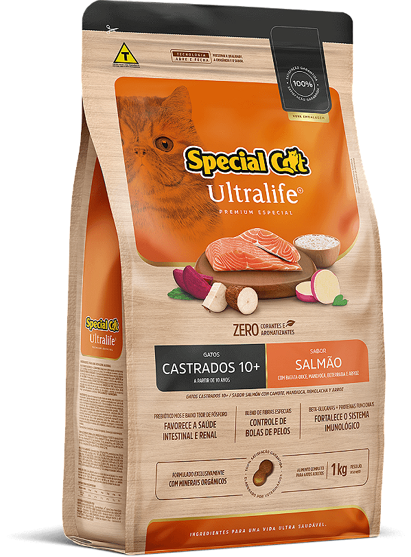 Ração Seca Special Cat Ultralife Castrado 10+ sabor Salmão e Arroz