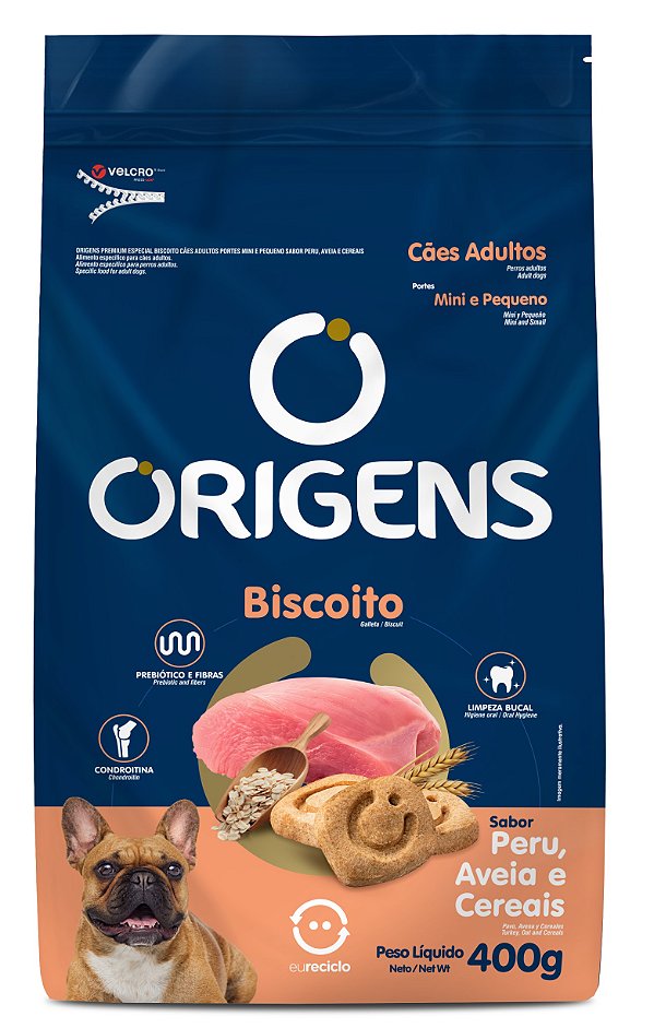 Biscoito Origens Cão Adulto de porte Mini e Pequeno sabor Peru, Aveia e Cereais 400g