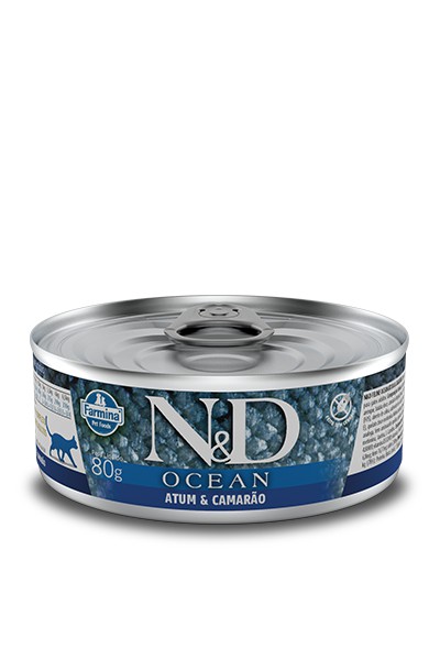 Alimento Úmido Lata N&D Feline Ocean Adult sabor Atum e Camarão 80g