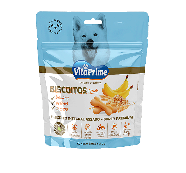 Biscoito Integral VitaPrime Cães Adultos e Filhotes Todas as Raças sabor Banana, Cereais e Quinoa 200g