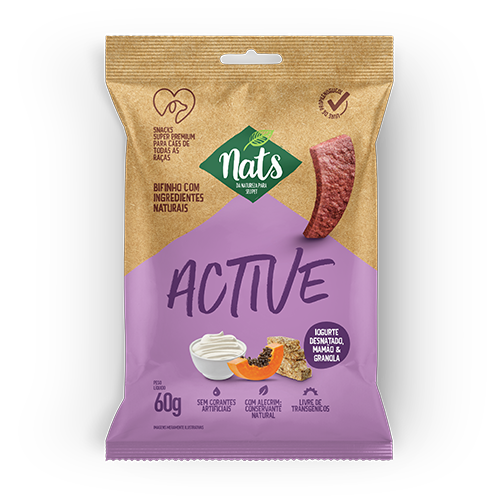 Bifinhos Nats Cães Active sabor Granola, Iogurte Desnatado e Mamão