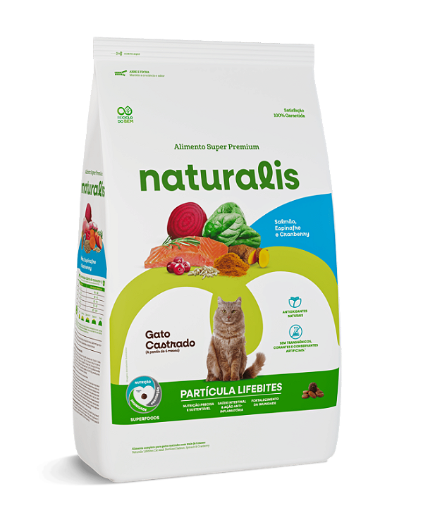 Ração Seca Naturalis Lifebites Gatos Castrados sabor Salmão, Espinafre & Cramberry