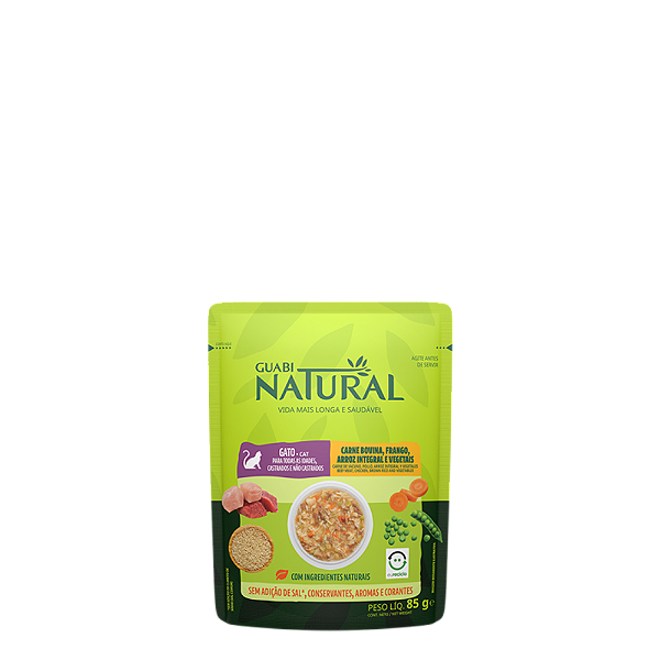 Alimento Úmido Sachê Guabi Natural Gato sabor Carne Bovina, Frango e Arroz Integral e Vegetais