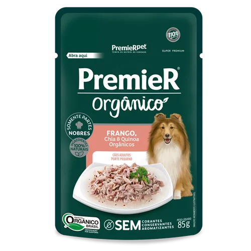 Alimento Úmido Sachê Premier Orgânico Cães Adultos Porte Pequeno sabor Frango, Chia e Quinoa