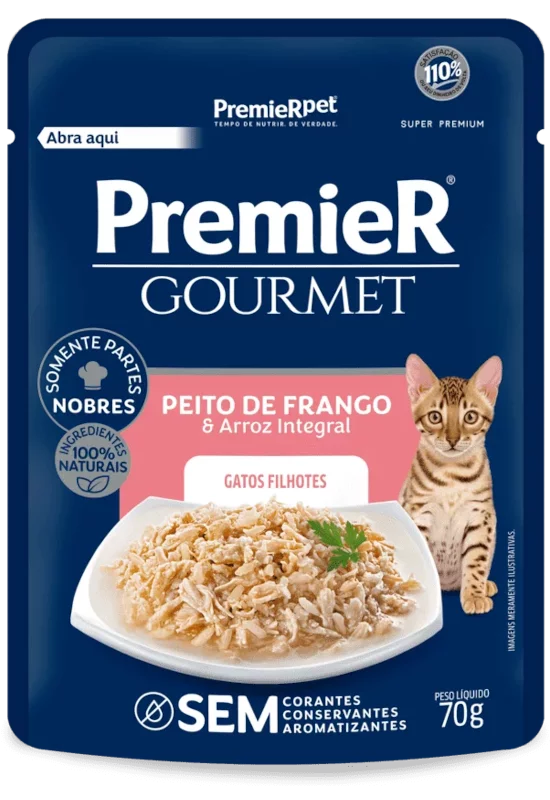 Alimento Úmido Sachê Premier Gourmet Gatos Filhotes sabor Peito de Frango e Arroz Integral