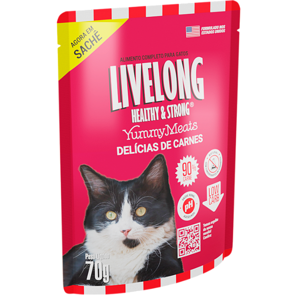 Alimento Úmido Sachê Livelong Gatos sabor Delícias de Carnes 70g