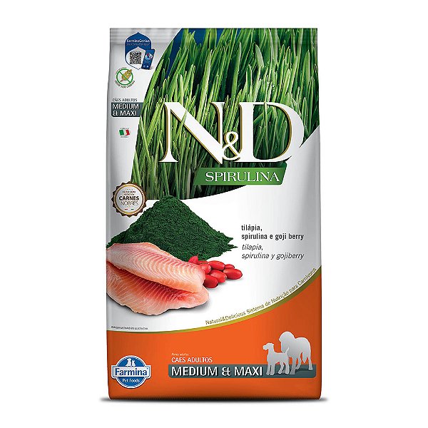 Ração Seca N&D Canine Spirulina Adult Medium e Maxi sabor Tilápia, Spirulina e Goji Berry 10,1kg