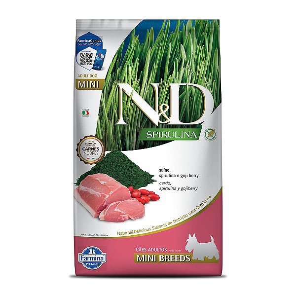 Ração Seca N&D Canine Spirulina Adult Mini sabor Suíno, Spirulina e Goji Berry