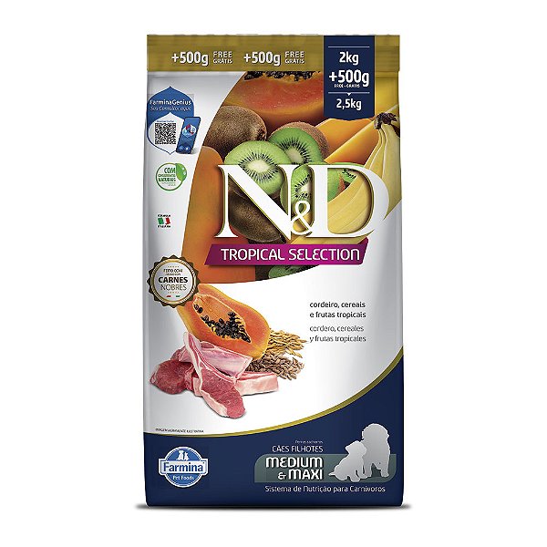 Ração Seca N&D Tropical Selection Puppy Medium e Maxi sabor Cordeiro