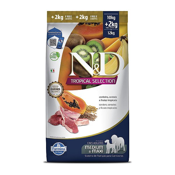 Ração Seca N&D Tropical Selection Adult Medium e Maxi sabor Cordeiro