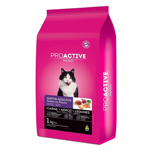 Ração Seca Pro Active Gatos Adultos Todas as Raças sabor Carne, Arroz e Legumes