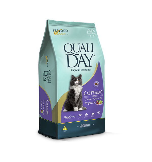 Ração Seca Qualiday para Gatos Adultos Castrados Sabor Carne, Arroz e Vegetais