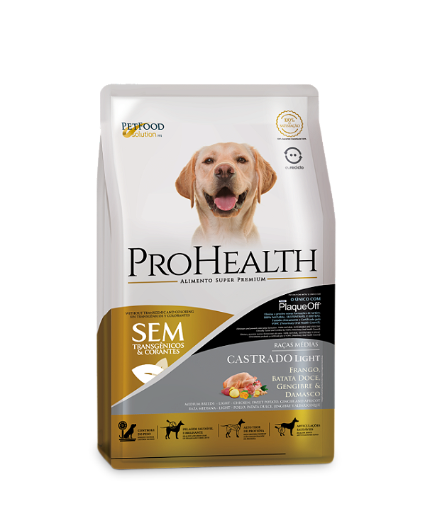 Ração Seca ProHealth Castrado Light Cães Adultos Porte Médio sabor Frango, Batata Doce, Gengibre e Damasco